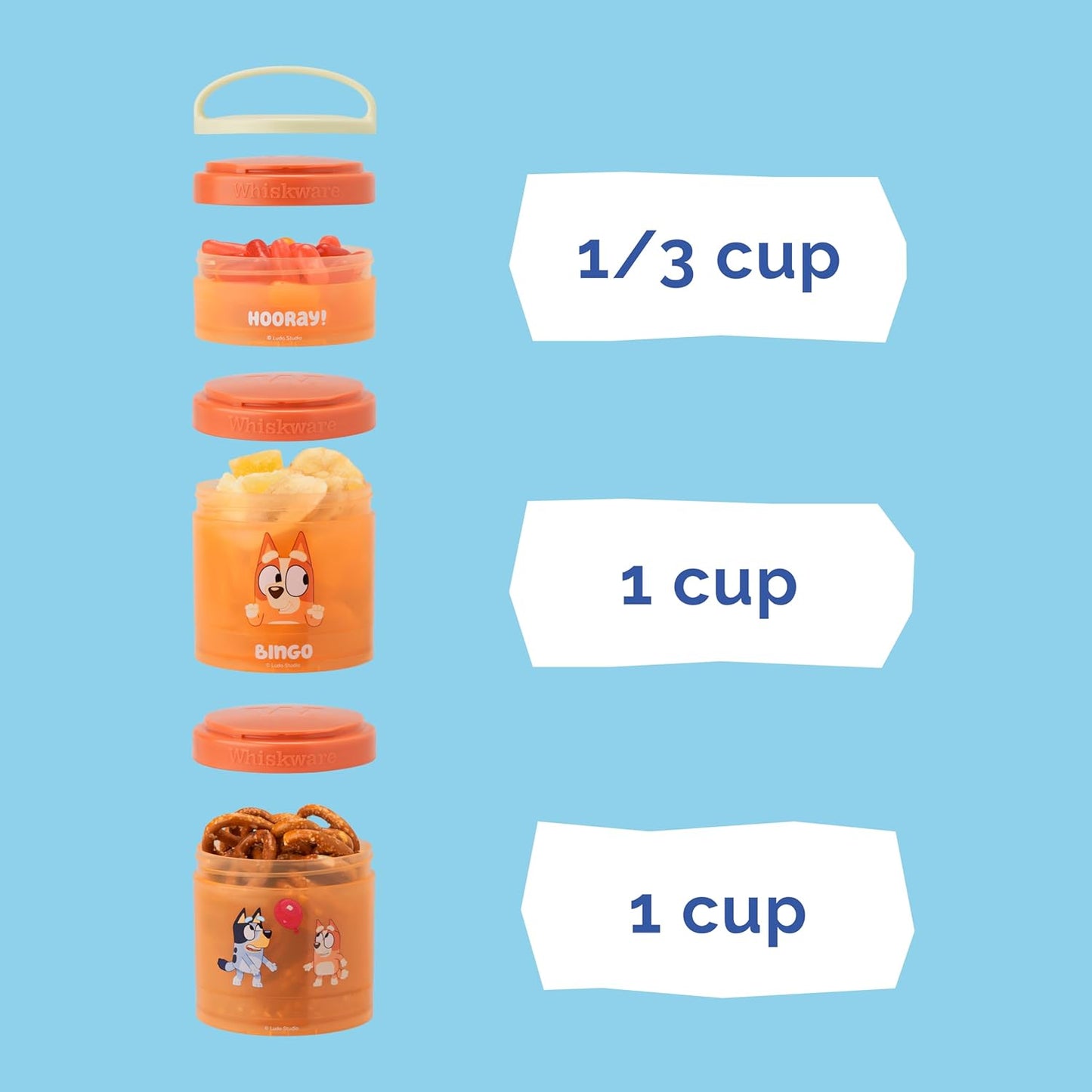 Whiskware Bluey Stackable Snack Containers for Babies, Toddlers, and Kids, Durable Food Storage Containers for Daycare, Car, and Airplane Travel, Formula Friendly, Bluey and Bingo (Pack of 2)