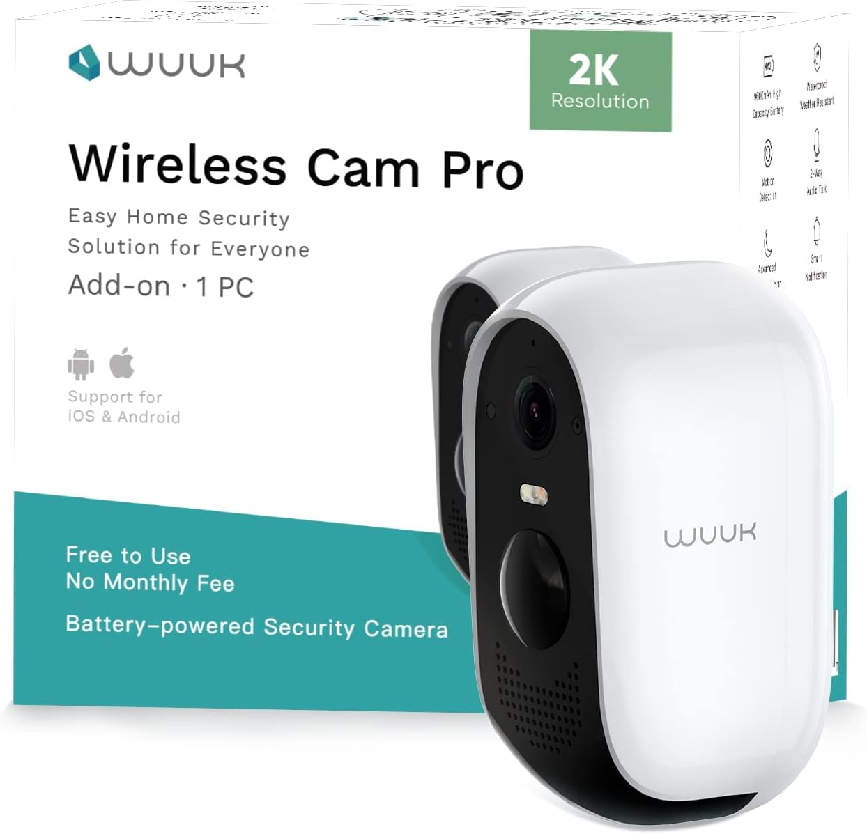 WUUK Add-on Outdoor Camera, Requires Base Station, Home Security Cameras Wireless Outdoor, 2K HD, No Monthly Fee, Compatible with Alexa & Google, Color Night Vision