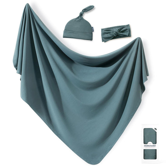 GRSSDER Newborn Swaddle Blanket, Ultra Soft Jersey Receiving Blanket with Matching Headband and Beanie Set 33×44", Stretchy Baby Neutral Swaddle Wrap for Girls and Boys