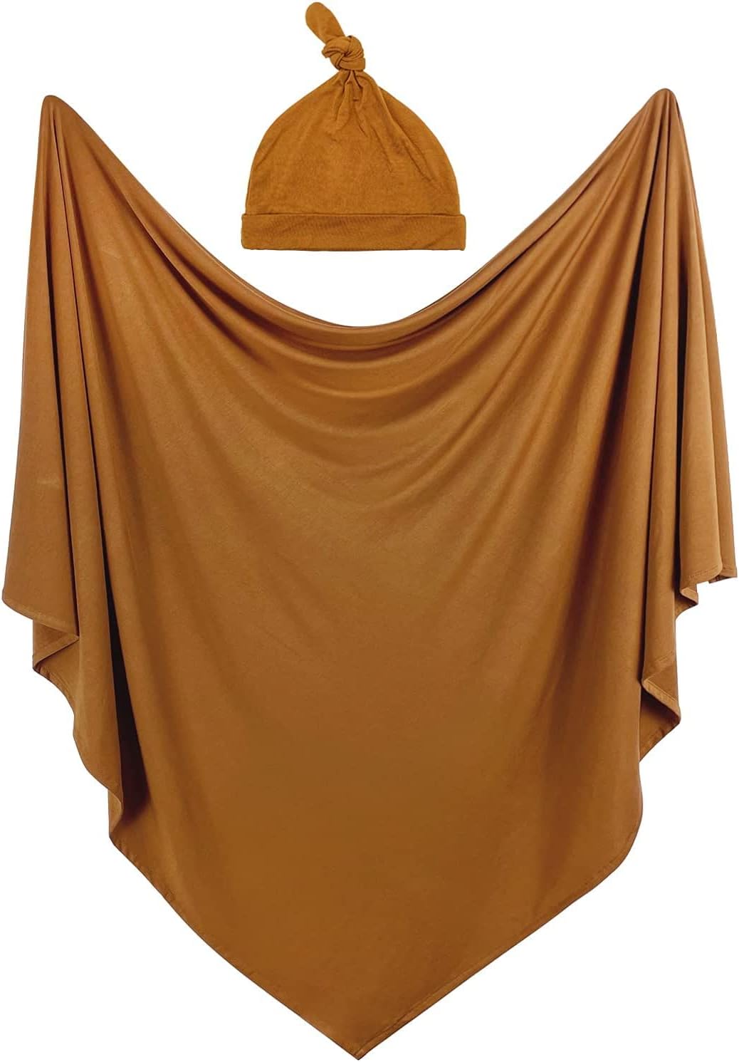 iEvolve Cotton Knitted Baby Swaddle Blanket with Hat Headband Set Newborn Swaddle Wrap Receiving Blankets for Baby Girl Boy 45" x 45"(Ginger)