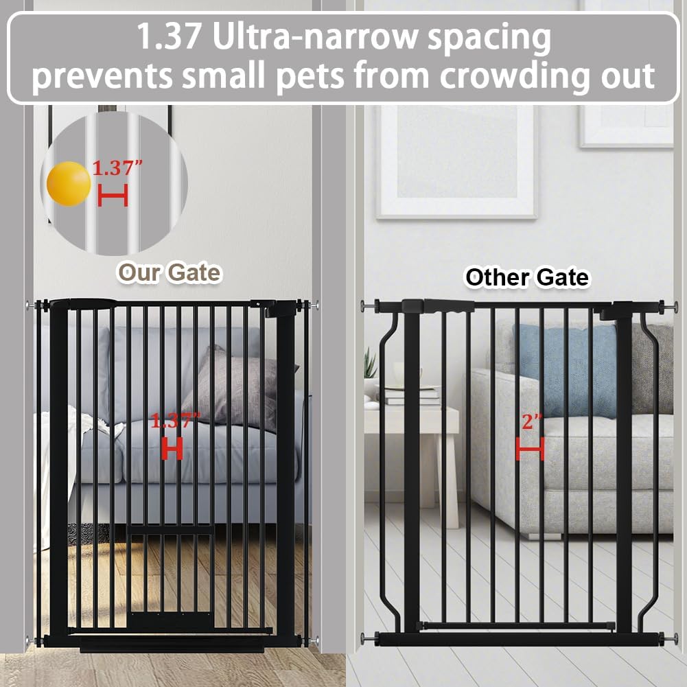 40.55" Tall 1.37" Ultra Narrow Spacing Dogs Pets Baby Gate with Door for Doorway Cat Safety Proof Indoor Extra 30.12-34.06" Wide Puppy Pressure Mounted No Drill White Black Metal Hallway