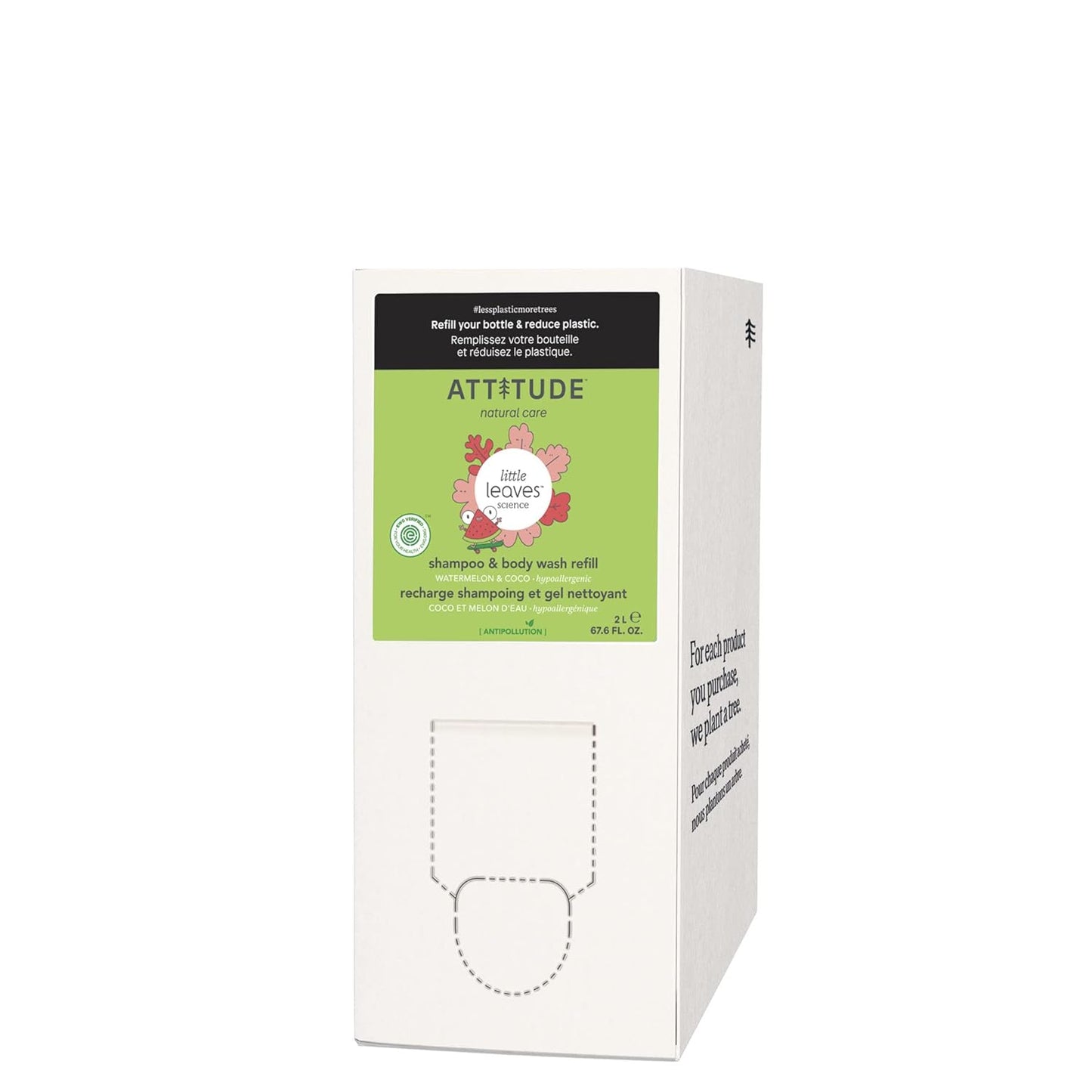 ATTITUDE Shampoo and Body Wash for Kids, EWG Verified Hair and Body Cleanser, Dermatologically Tested Soap, Plant and Mineral Based Bath Products, Vegan, Bulk Refill, Watermelon and Coco, 67.6 Fl Oz