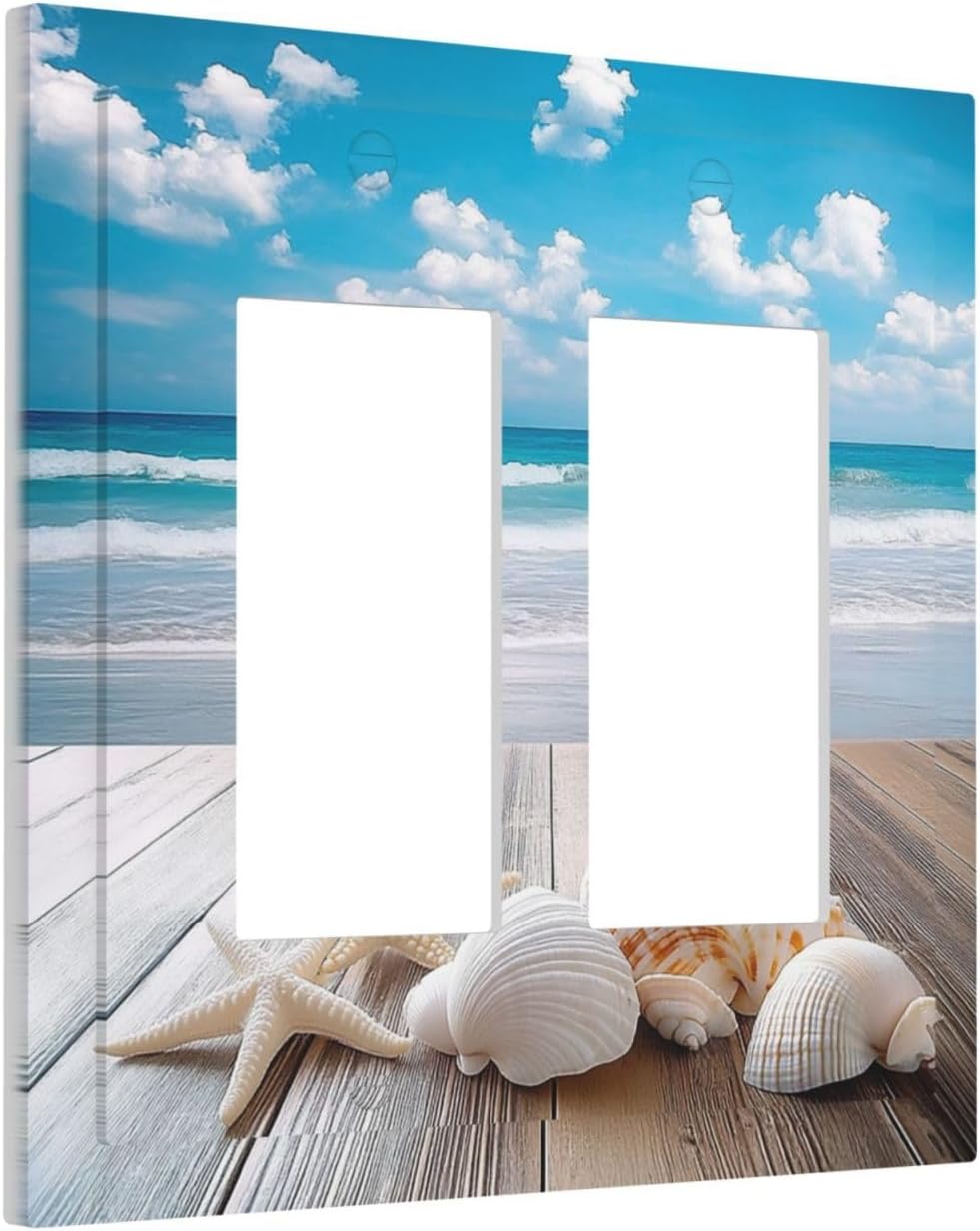 Decorative Outlet Covers Beach Waves Brown Wood Starfish Shells 2 Gang Double Gfci Rocker Electrical Wall Panels Light Switch Cover Plate For Bathroom Living Room Decor