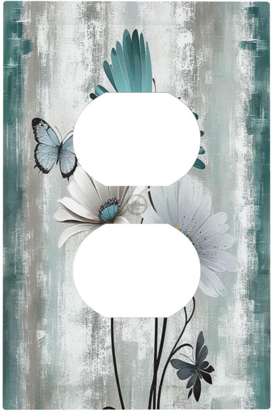 Outlet Covers Rustic Teal Daisy Floral Flowers Butterfly Wood Grain 1 Gang Duplex Wall Plate Decorative Switch Plates Electrical Receptacle Faceplate Light Switch Cover for Bathroom Bedroom