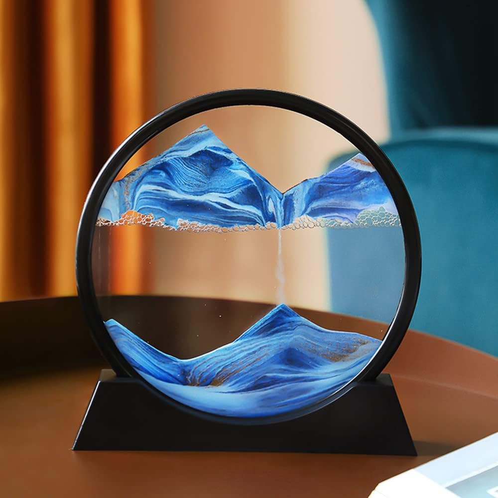 Moving Sand Art Picture in Motion Round Glass 3D Deep Sea Landscape, Calming Fidget Dynamic Sand Art Sandscapes, Sensory Relaxing Desktop Decor Art(7 inch, Blue)