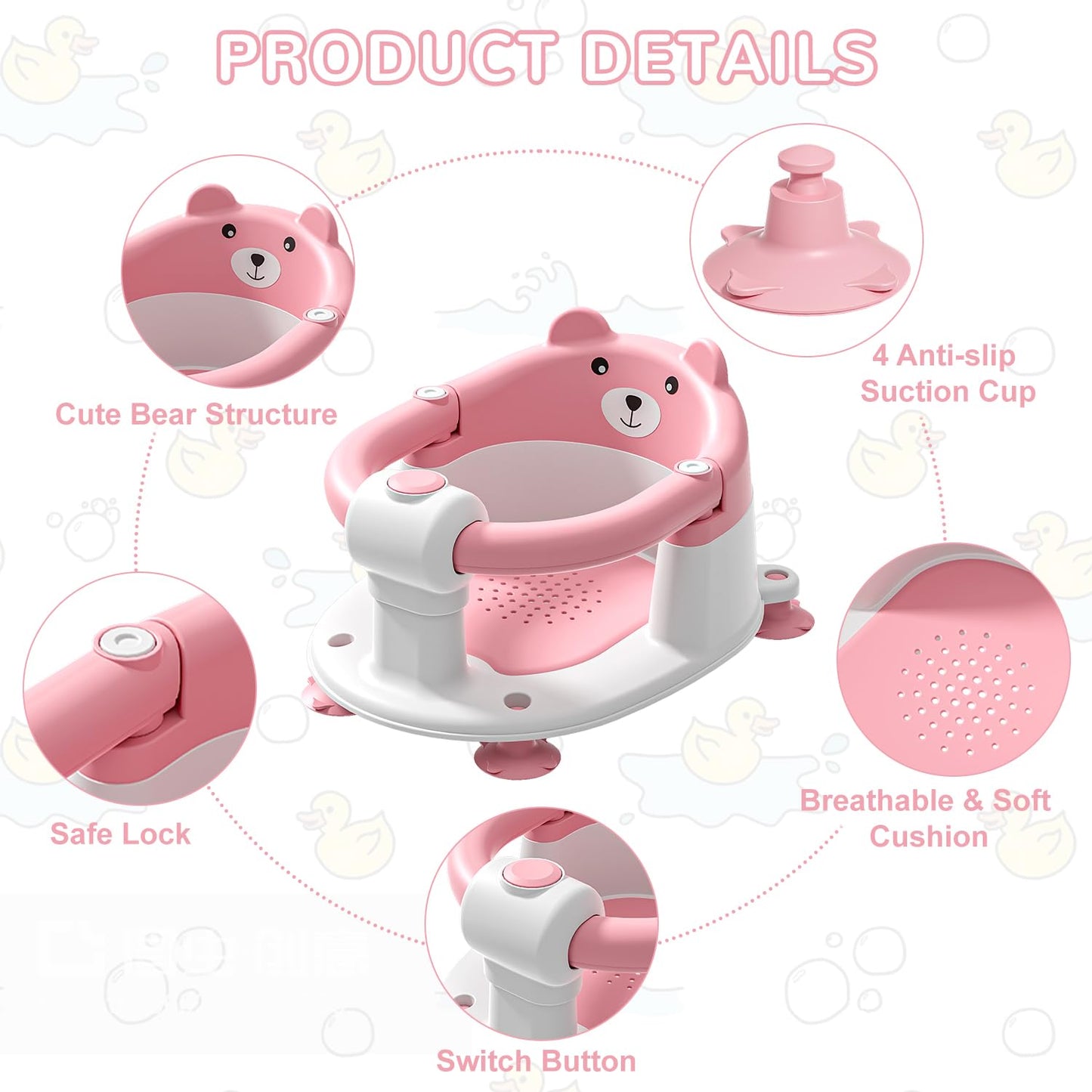 Baby Bath Seat for Babies 6 Months & up, Non-Slip Toddler Bath Seats for Babies Sitting Up, Safe Infant & Newborn Bathtub Chair with 4 Suction Cups & Soft Cushion for Shower,Pink