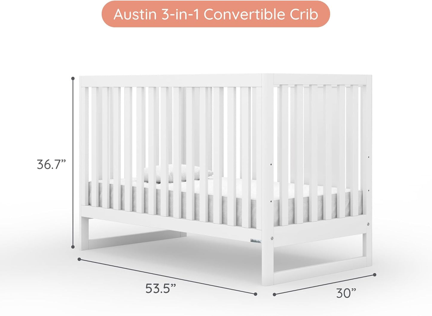 dadada Austin 3-in-1 Convertible Crib to Toddler Bed & Daybed - Made in Italy, GREENGUARD Gold Certified, Baby-Safe Finish, Sustainable Beech Wood, Modern Design, 3 Adjustable Heights (White)