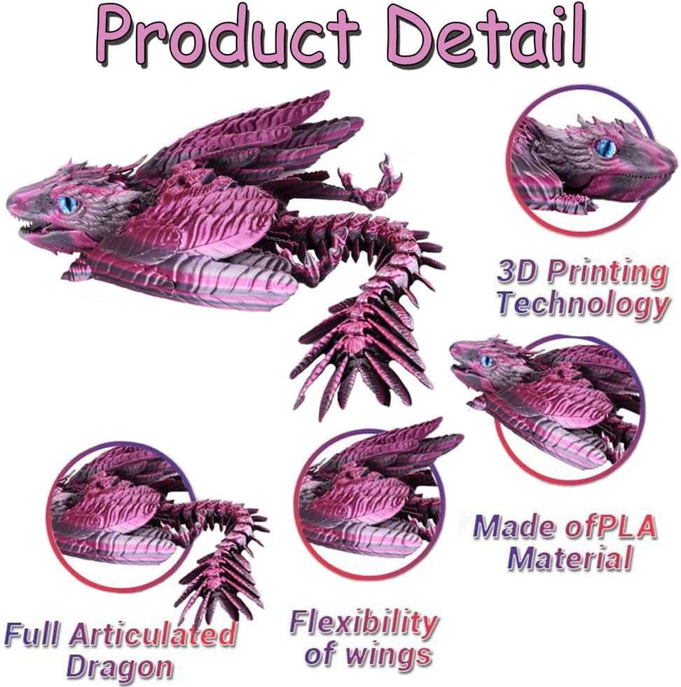 Feathered Wyvern Dragon, 3D Printed Dragon with Wings Animals Toys, Articulated Dragon Fidget Toys Desktop Pet Desk Birthday Party Gift for Kids and Adults (Purple)