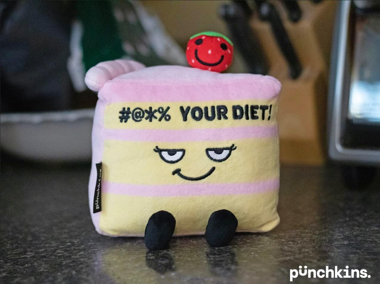 Cake Slice Foodie Plushie, Funny Meme Gift, Comical Plush Collectible, Weighted Base for Display