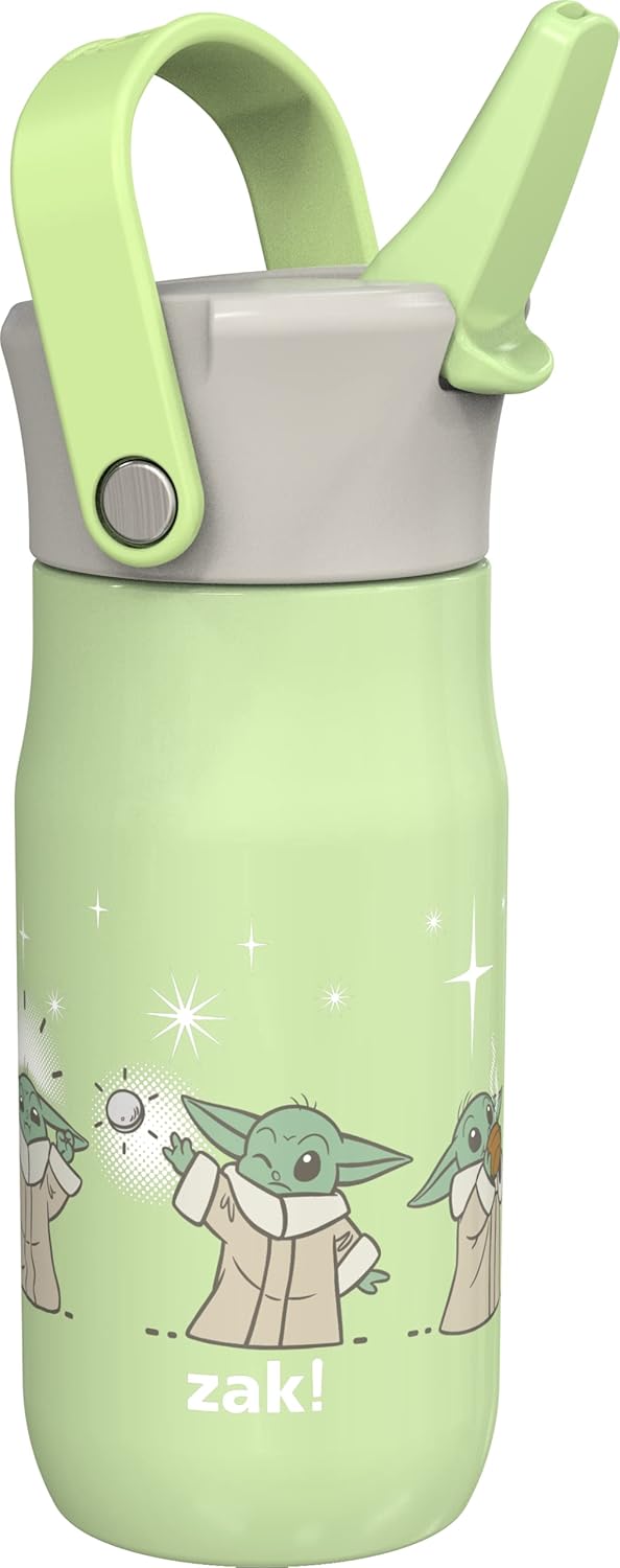 Zak Designs Harmony Star Wars The Mandalorian Kid Water Bottle for Travel or At Home, 14oz Recycled Stainless Steel is Leak-Proof When Closed and Vacuum Insulated (Baby Yoda, Grogu)