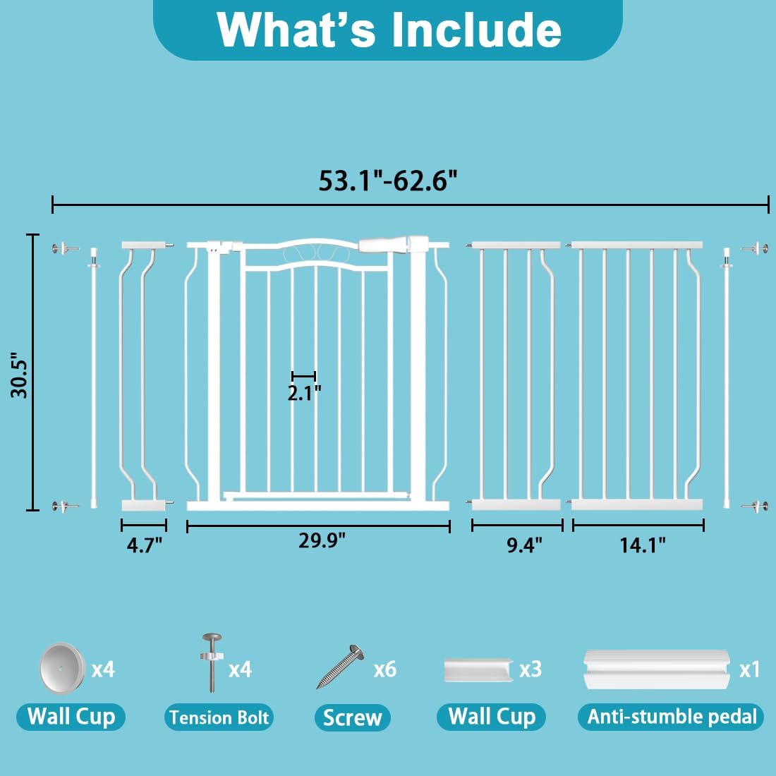 Extra Wide Baby Gate for Doorways 53.1"-62.6", Pressure Mounted Dog Gates With Door, Child Safety Barrier Walk Thru Indoor, Large Babygate Long for Kids Toddler Pet Outside, 30 In Tall White