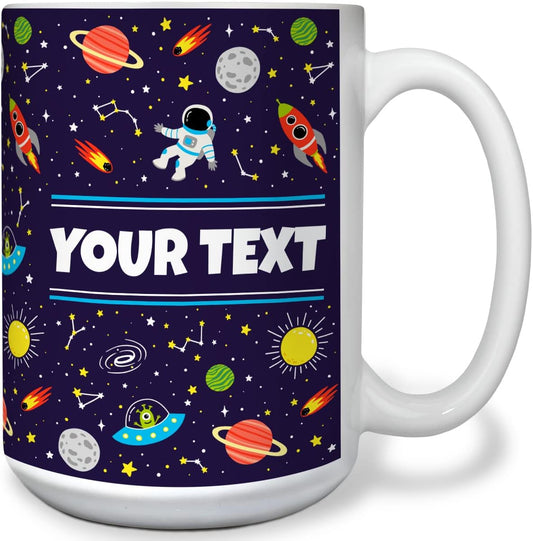 Personalized Mug for Kids - Outer Space - Custom Name/Text, Ceramic Hot Chocolate/Cocoa/Coffee Cup for Boys/Girls, Birthday/Christmas/Holiday Gift - 15 oz, White Handle