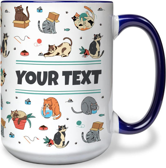 Personalized Mug for Kids - Cats - Custom Name/Text, Ceramic Hot Chocolate/Cocoa/Coffee Cup for Boys/Girls, Birthday/Christmas/Holiday Gift - 15 oz, Navy Blue Handle