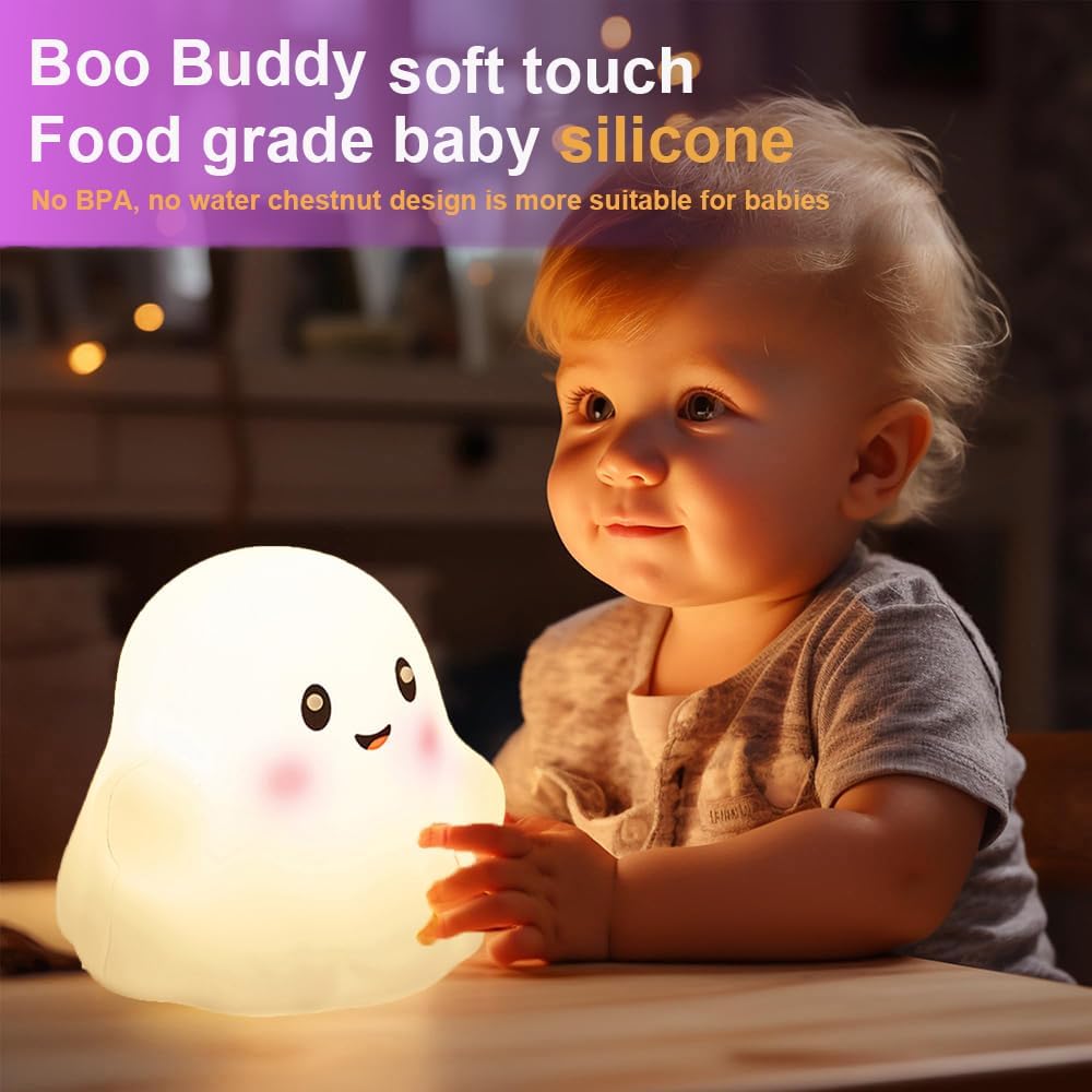 Ghost Night Light for Kids, Silicone Nursery Nightlight with 13 Interactive Sound Effects ,Halloween Decor Lamp Adjustable Dimmable Lamp with Touch Sensor Children's Christmas Gifts (white ghost 1)