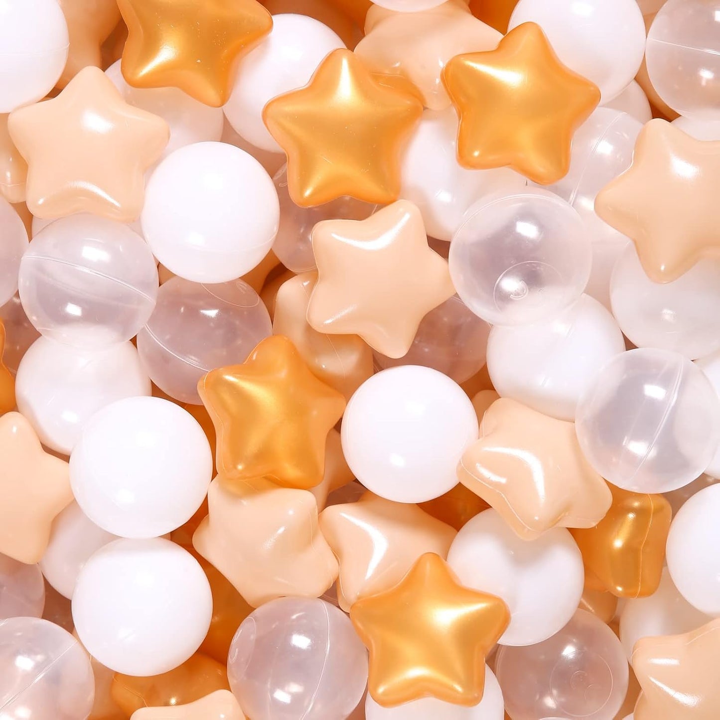 GOGOSO Ball Pit Balls with Starballs 100 - Crushproof Plasticballs for Babies Toddlers Kids Children for 1 2 3 4 5 Years Old,5 Colors,2.15inches, Beige Gold White Clear