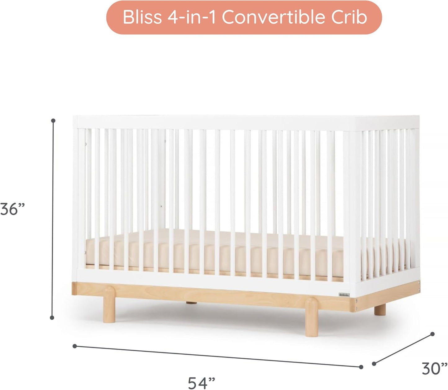 dadada Baby Bliss 4 in 1 Convertible Crib to Toddler Bed & Floor Bed – Made in Italy, GREENGUARD Gold Certified, Baby-Safe Finish, Sustainable Beech Wood, Modern Design (White and Natural)