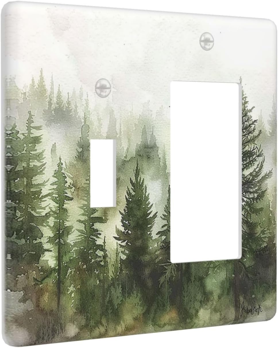 Outlet Covers Green Forest Watercolor Painting Foggy Pine 1 Toggle 1 Rocker Combination Decorative Wall Plate Electrical Switch Plates Light Switch Cover Plate for Bedroom living Room