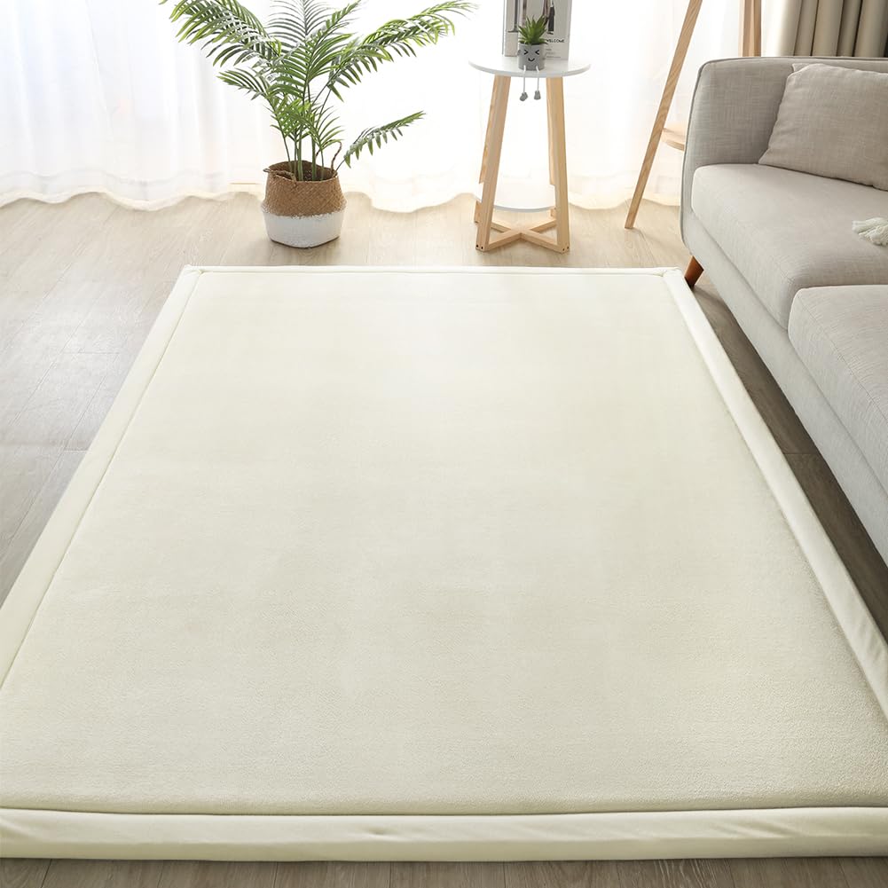 Loartee Coral Velvet Crawling Rugs (4'11"x4'11", Beige) for Toddler Children Play Area Rugs Yoga Mat Exercise Pads Carpet