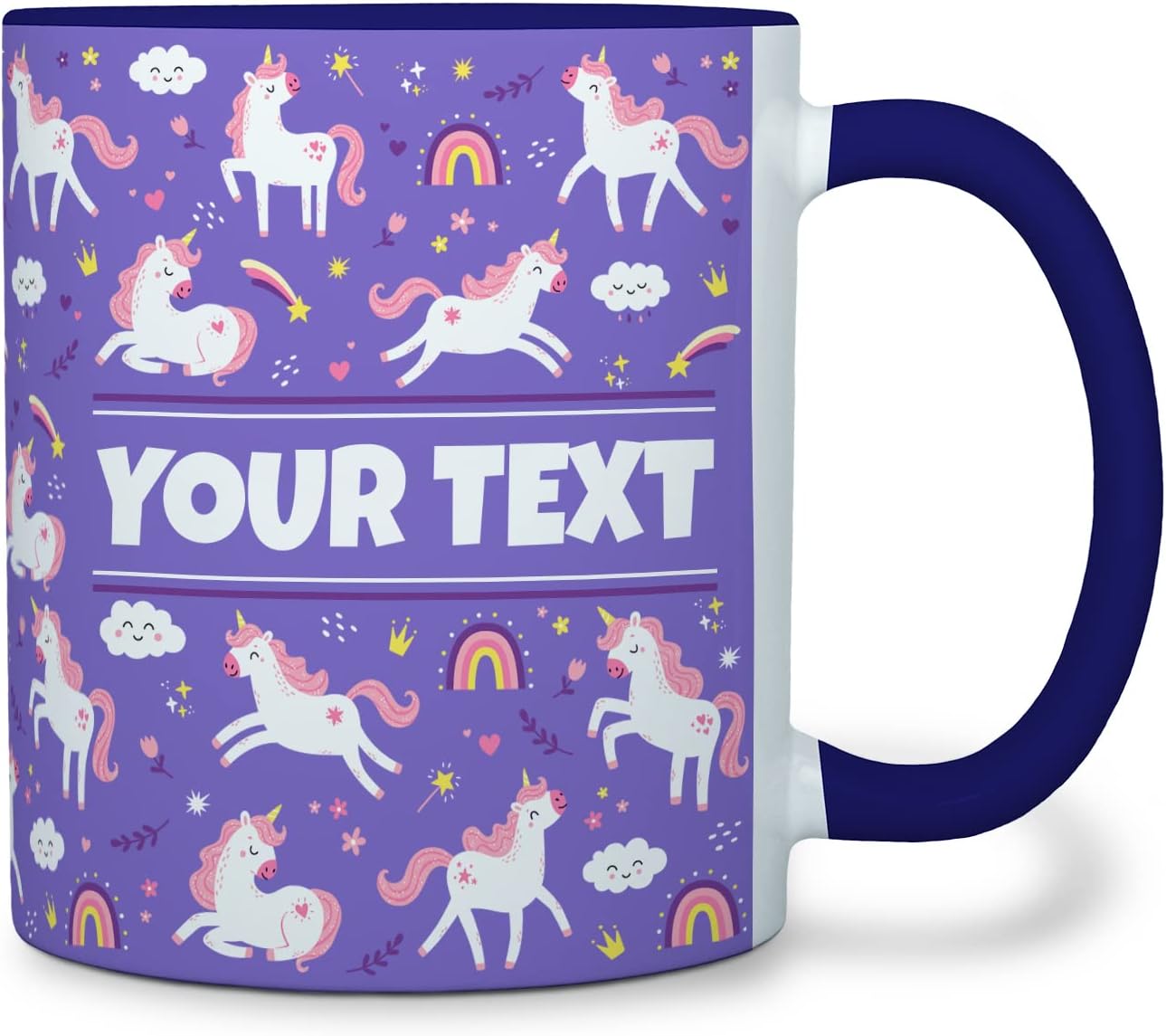 Personalized Mug for Kids - Purple Unicorn - Custom Name/Text, Ceramic Hot Chocolate/Cocoa/Coffee Cup for Girls, Birthday/Christmas/Holiday Gift - 11 oz, Navy Blue Handle
