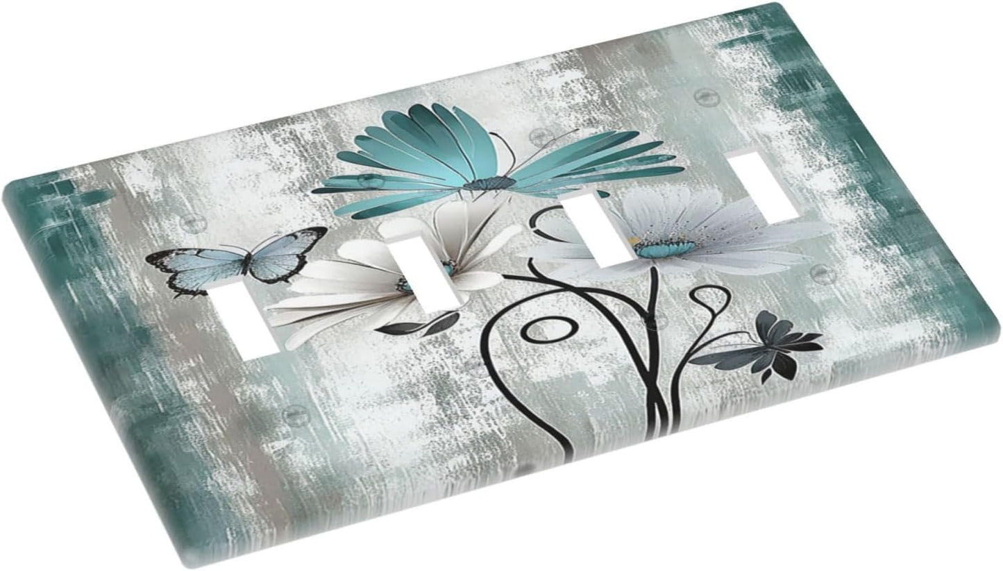 Light Switch Covers Rustic Teal Daisy Floral Flowers Butterfly Wood Grain Quad Toggle Electrical Faceplate 4 Gang Wall Plate Decorative Switch Plates for Bathroom Bedroom Decor