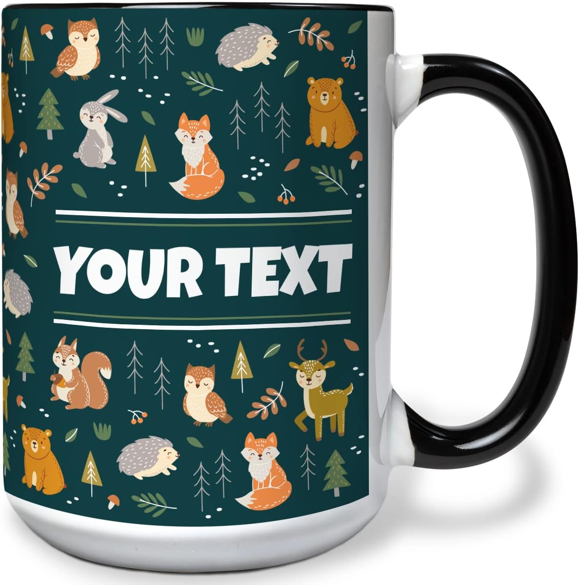 Personalized Mug for Kids - Woodland Animals - Custom Name/Text, Ceramic Hot Chocolate/Cocoa/Coffee Cup for Boys/Girls, Birthday/Christmas/Holiday Gift - 15 oz, Black Handle