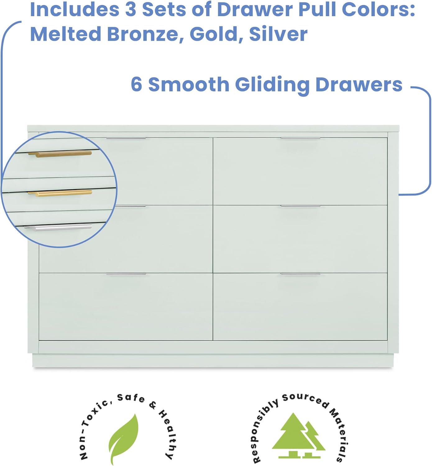 Delta Children Nest Crib and Dresser Nursery Furniture – 4-in-1 Convertible Crib | Forever 6 Drawer Dresser with Changing Top | Light Sage