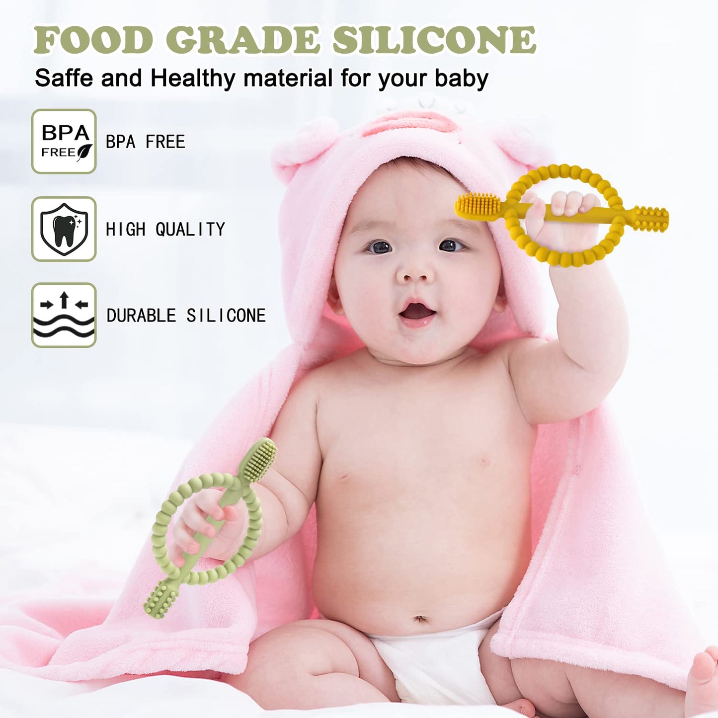 Baby Teething Toys with Easy-Hold Handle, Silicone Infant Toothbrush, Textured On Both Sides Helps Massage, Soothe Sore Gums, Teething Toys for Babies 0-6 Months, 6-12 Months