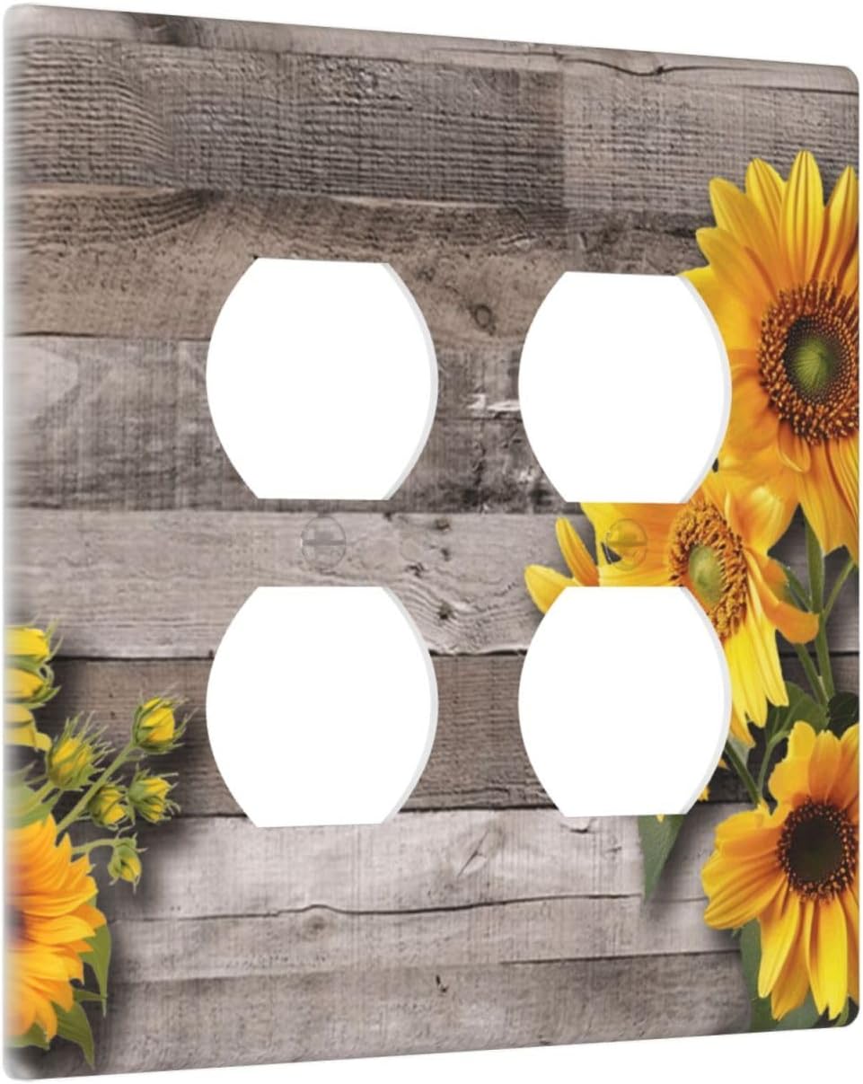 Sunflower Rustic Brown Gray Wood Outlet Covers 2 Gang Double Duplex Decorative Light Switch Covers Electrical Wallplates Socket Faceplate for Farmhouse Home Decor