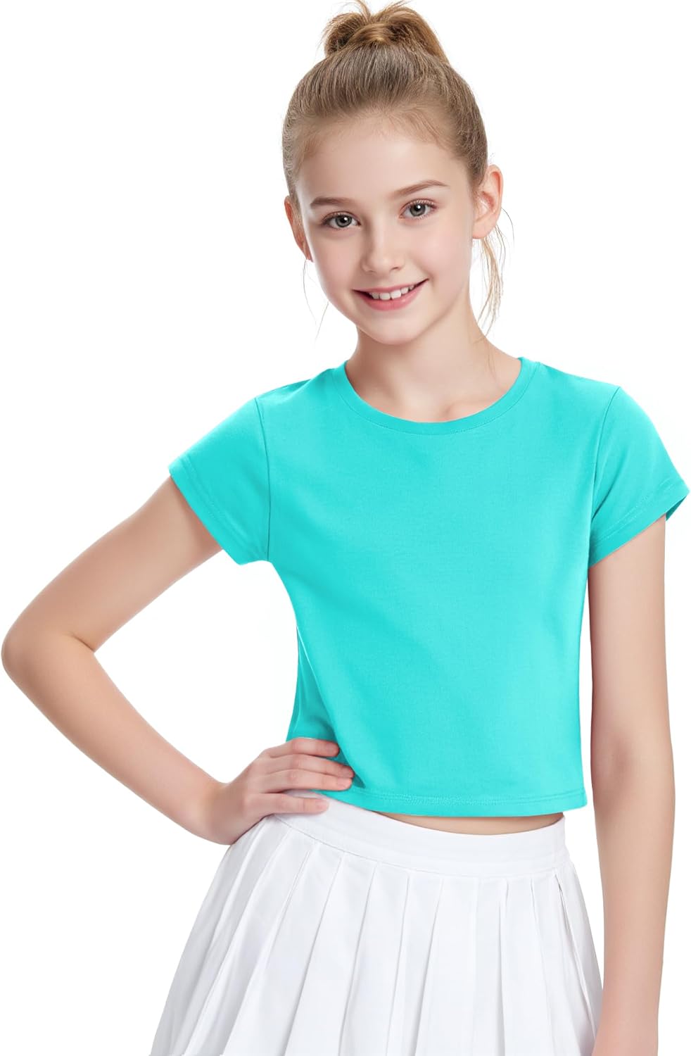 Auranso Girls Crop Tops Summer Short Sleeve Round Neck T Shirts Basic Tee for Kids