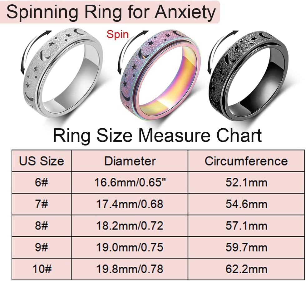 Anxiety Ring for Women Men, Titanium Stainless Steel Spinner Ring, 5 Colors, 6MM, Size 6-10, 3 Styles Anxiety Ring-Moon Star, Sandblasted Finished, Hollow Outer