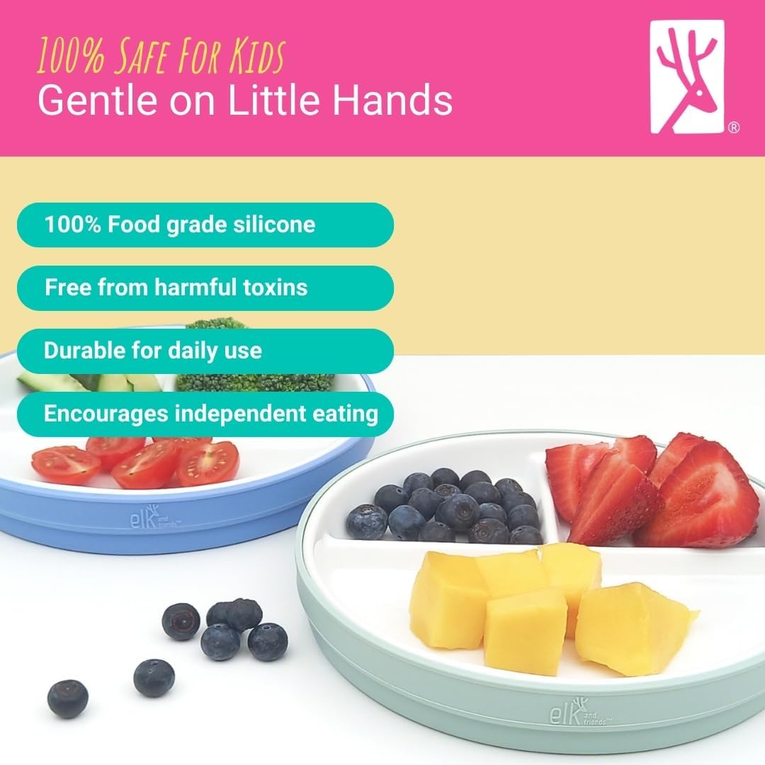 Elk and Friends Kids 6.7” Porcelain Divided Plates with Silicone Sleeves + Silicone Lids | Suitable for Babies/Kids/Toddlers | Microwave & Dishwasher Safe | Non Slip | Snack Dishes