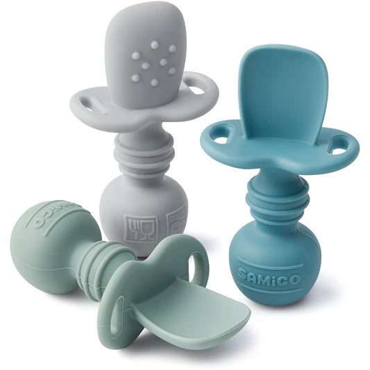 SAMiGO Silicone Baby Spoons Self Feeding 6+ Months - Infant Toddler Utensils - First Stage Baby Led Weaning Feeding Supplies - Set of 3 Pack