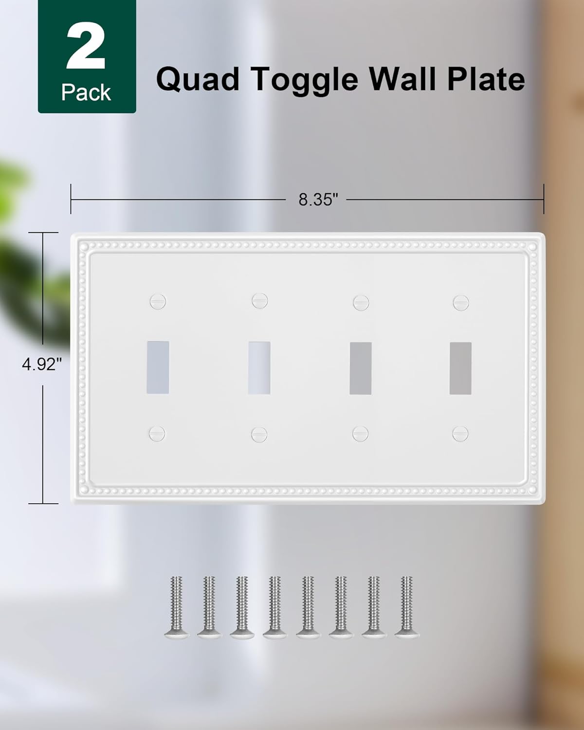 2-Pack Quad Toggle Light Switch Cover Plate, 4 Gang Metal Switch Plate Covers, Pure White Pearls Decorative Wall Plate, Corrosion Resistant