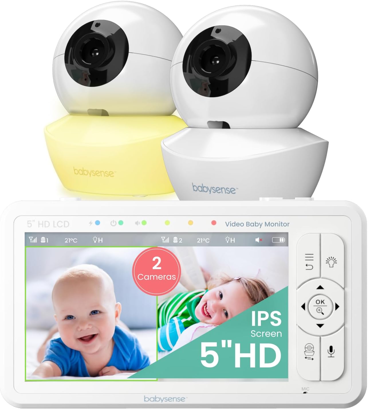 Babysense 5" HD Split-Screen Baby Monitor, Video Baby Monitor with 2 Cameras and Audio, Night Light, 1000ft Range, Two-Way Audio, 4X Zoom, Night Vision, 4000mAh Battery