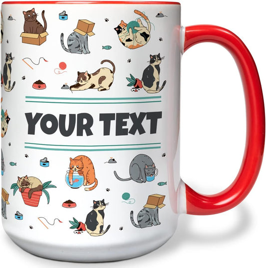Personalized Mug for Kids - Cats - Custom Name/Text, Ceramic Hot Chocolate/Cocoa/Coffee Cup for Boys/Girls, Birthday/Christmas/Holiday Gift - 15 oz, Red Handle