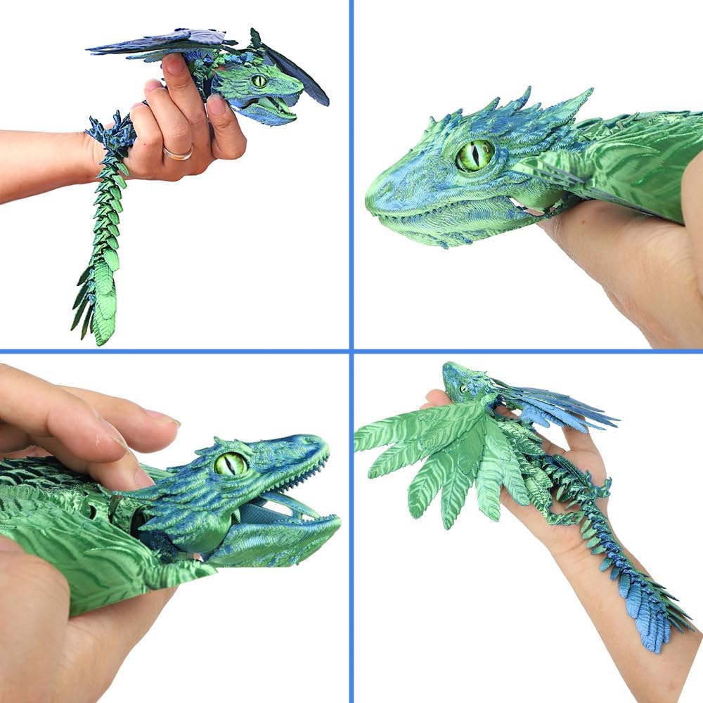 Feathered Wyvern Dragon, 3D Printed Dragon with Wings Animals Toys, Articulated Dragon Fidget Toys Desktop Pet Desk Birthday Party Gift for Kids and Adults (Green)