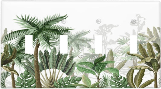 Palm Tree Banana Leaf Green Rainforest Natural Landscape Light Switch Covers Quad Toggle Electrical Faceplate 4 Gang Wall Plate Decorative Switch Plates for Bed Room Living Room Decor