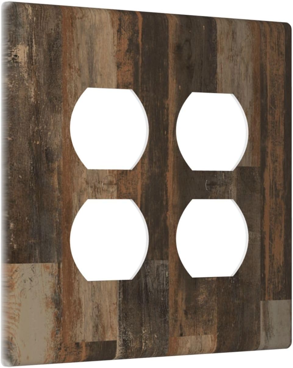 Rustic Brown Wood Grain Dark Oak Outlet Covers 2 Gang Double Duplex Decorative Light Switch Covers Electrical Wallplates Socket Faceplate for Farmhouse Home Decor