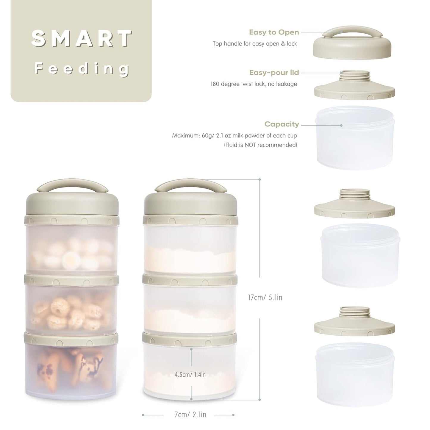 Termichy Stackable Formula Dispenser Portable Milk Powder Container, 2 Pack, Warm Grey