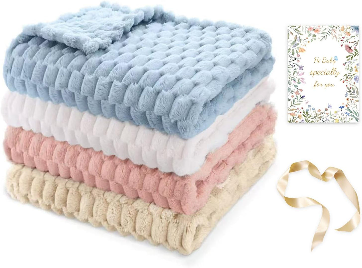 HOMRITAR 4 Pcs Baby Fuzzy Blanket 3D Jacquard Fluffy Blankets for Boy Girls, Soft Warm Cozy Flannel Fleece Warm Blanket Nursery, Stroller Toddler Bedding, 30 x 40 Inch (Blue, Cream, Pink, Khaki)
