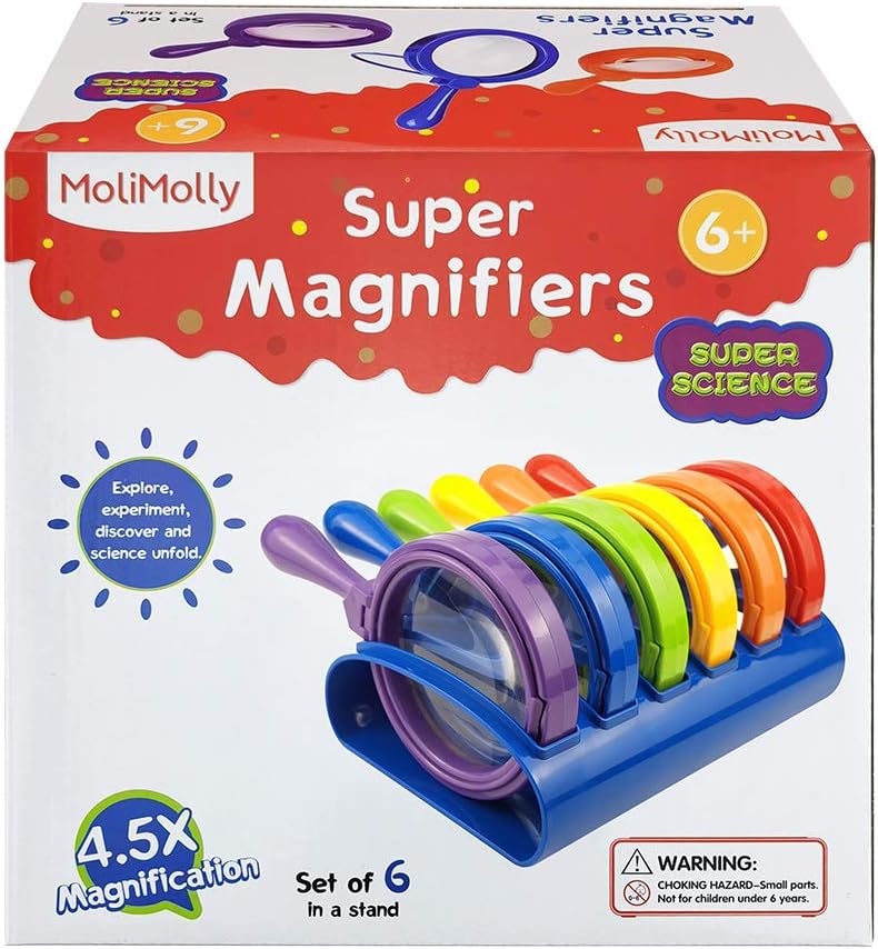 Kids Jumbo Magnifying Glass with Stand- 6 Pieces,Ages 3+, Easy Grasp Primary Science Magnifiers with Stand,Science Classroom Accessories, Teacher Supplies, Observation Toys for Kids