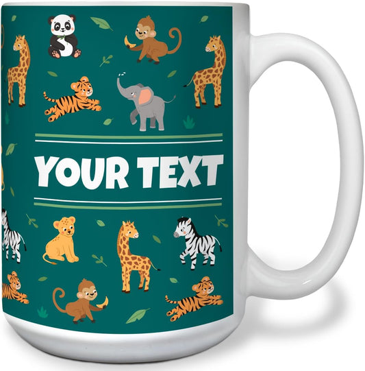 Personalized Mug for Kids - Zoo Animals - Custom Name/Text, Ceramic Hot Chocolate/Cocoa/Coffee Cup for Boys/Girls, Birthday/Christmas/Holiday Gift - 15 oz, White Handle