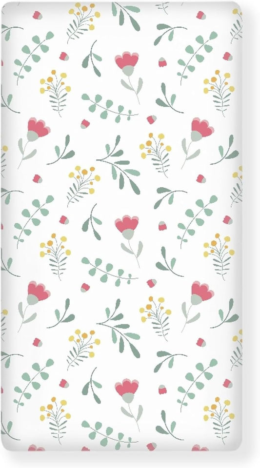 Floral Pattern Flowers and Leaves Fitted Crib Sheet Tulip Flower Baby Crib Sheet Fit Standard Crib and Toddler Mattress,Crib Mattress Sheets for Boys Girls 28"x52"