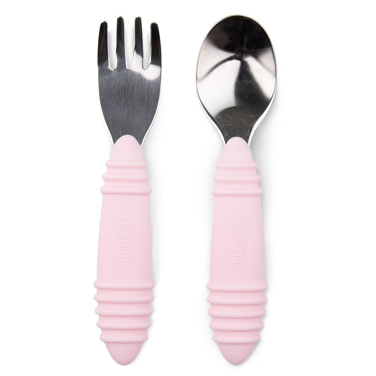 Bumkins Toddler Utensils, Kids Fork and Spoon Set, Silicone and Stainless-Steel Silverware, Angled Forks / Sporks for Self-Feeding, Children Training Flatware Cutlery for 18 Months Up, Pink