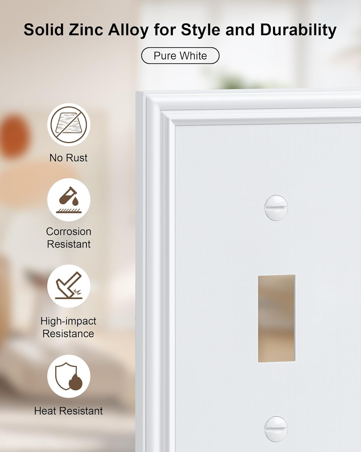 6-Pack Single Toggle Light Switch Cover Plate, Durable Solid Zinc Alloy Decorative Switch Plate Covers, White 1 Gang Wall Plate, Corrosion Resistant