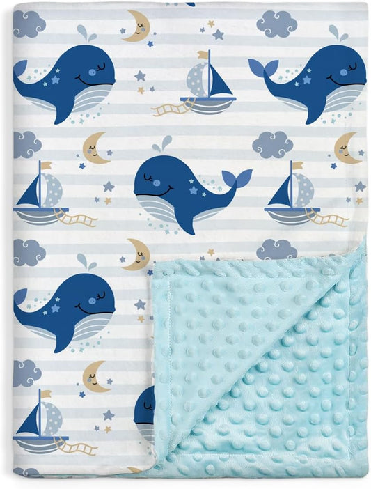 Whale Kid Blanket for Boys or Girl 30x40 - Soft Kids Throw Minky Blankets with Dotted Backing - Nursery Crib Blanket