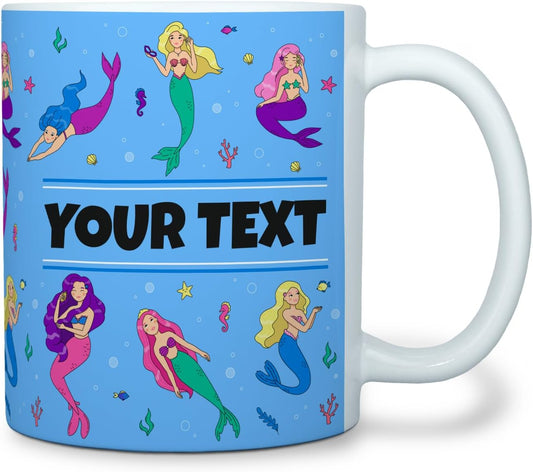 Personalized Mug for Kids - Mermaids - Custom Name/Text, Ceramic Hot Chocolate/Cocoa/Coffee Cup for Girls, Birthday/Christmas/Holiday Gift - 11 oz, White Handle