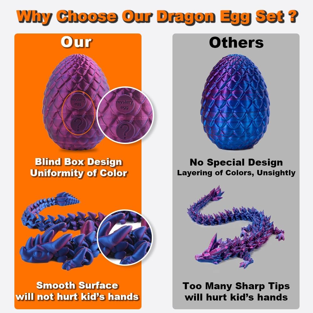 STONESTAR 3D Printed Dragon Fidget Toys, 12" Full Articulated Dragon in Mystery Egg, Home Office Decor Executive Desk Toys Xmas/Easter Gift for Dragon Lovers (Laser Purple)