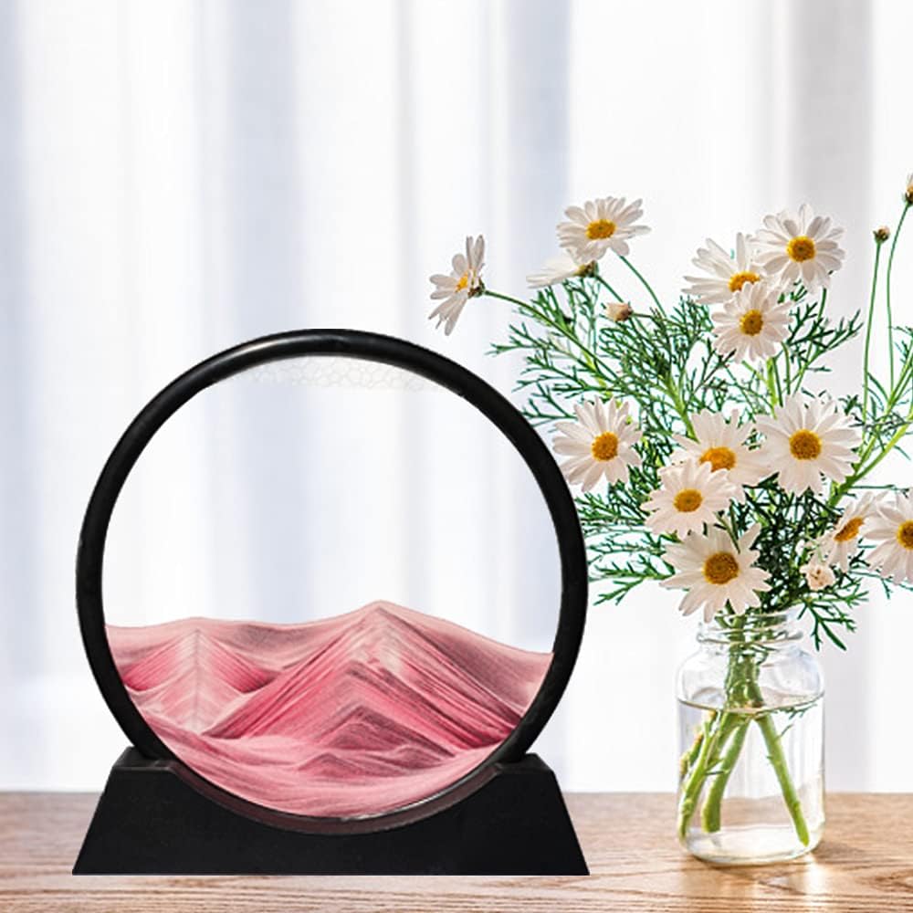 Aoderun Moving Sand Art Picture Round Glass 3D Deep Sea Sandscape in Motion Display Flowing Sand Frame Relaxing Desktop Home Office Work Decor (7", Pink)