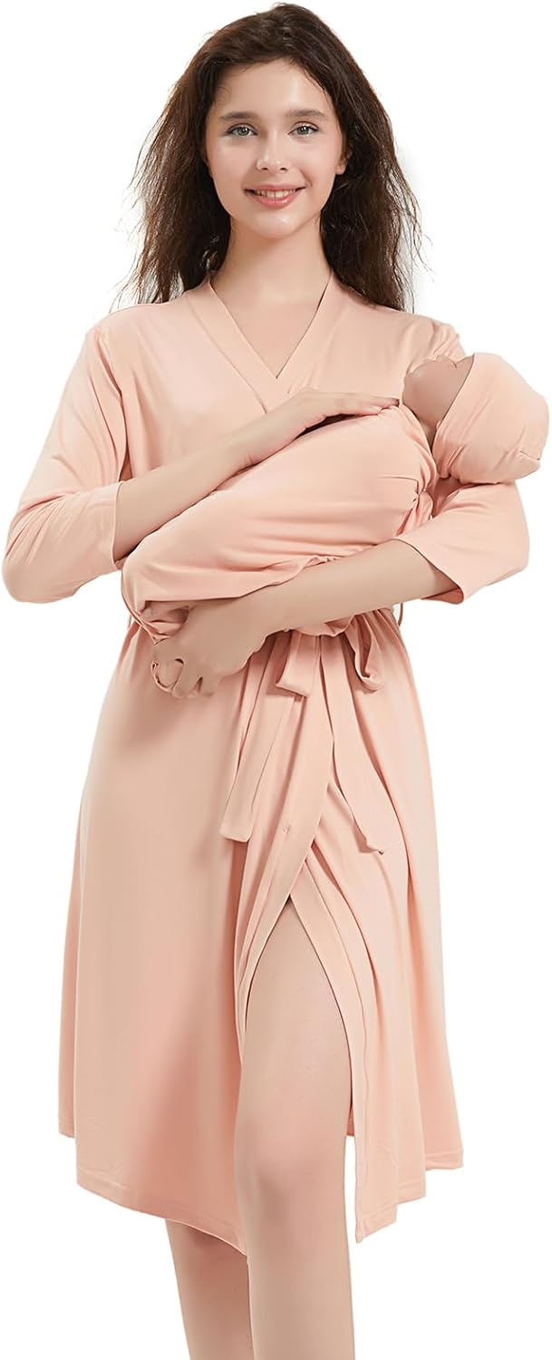 Galabloomer Maternity Robe and Baby Receiving Blanket, Matching Mommy Labor Delivery Robe and Swaddle Set (s, pink sand)